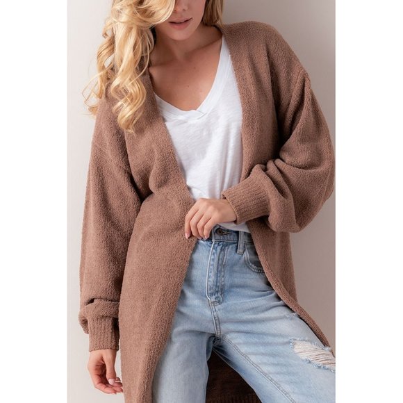 NEW Ultra Soft Bishop Sleeves Long Open Cozy Plush Sweater Cardigan Coco Brown - Picture 2 of 11
